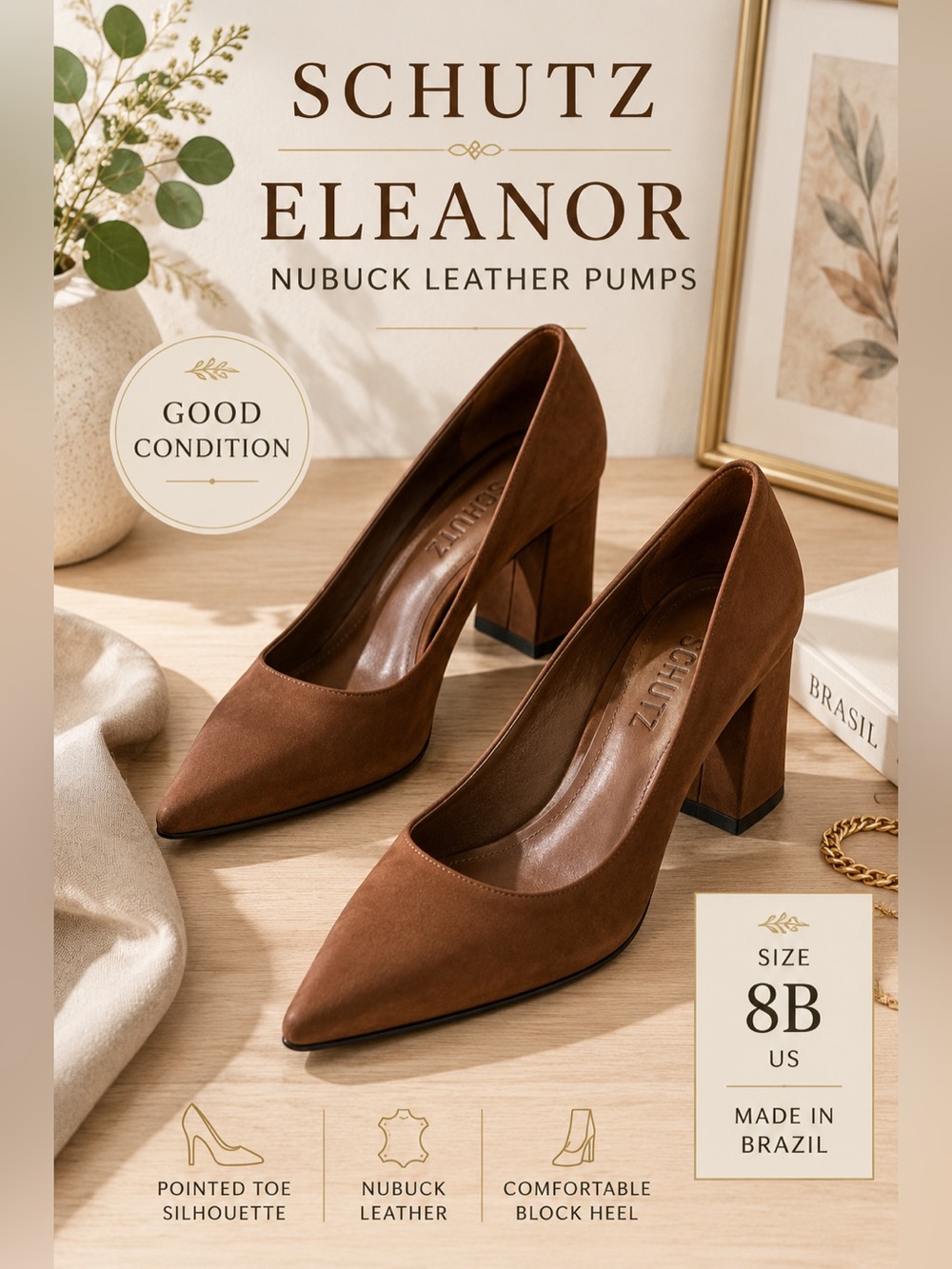 Schutz Eleanor Pecan Brown Nubuck Leather Block Heel Pumps Size 8B